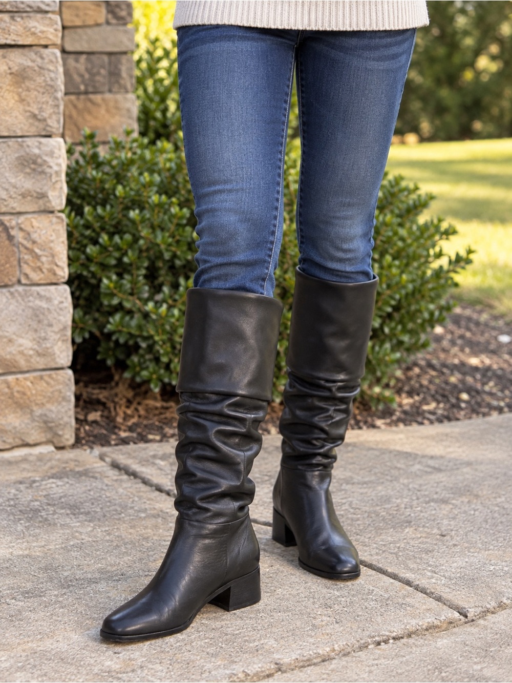 Coldwater Creek Womens 8M Black Leather Slouch Knee High Boots Square Toe Y2K